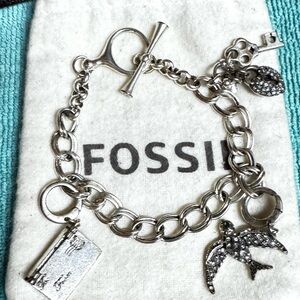 Fossil Silver Charm Bracelet with Bird and Lock